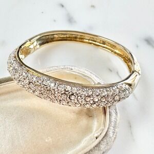 Vintage Pave Set Rhinestone Crystal Bangle Bracelet Gold Tone Formal Sparkly 80s